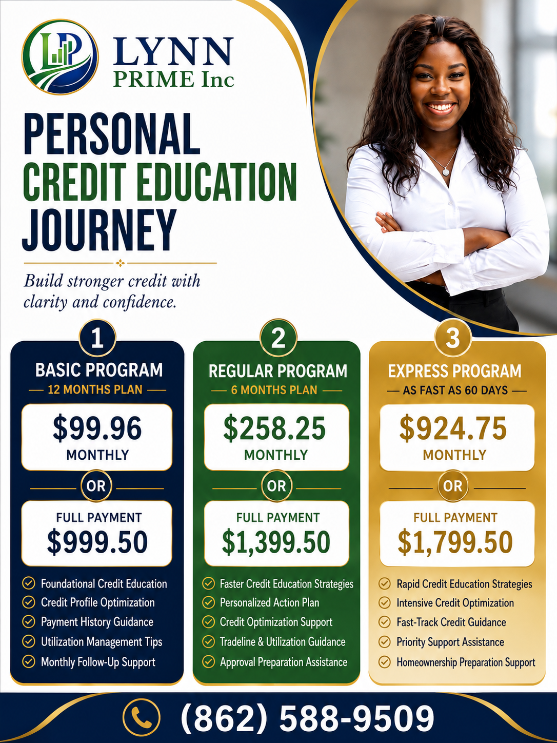 Personal Credit Education Journey flyer showing the Basic, Regular, and Express programs with pricing